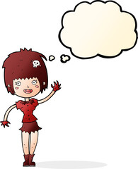 cartoon waving vampire girl with thought bubble