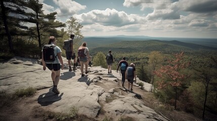A group of friends hiking up a mountain trail