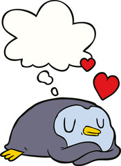 cartoon penguin in love and thought bubble