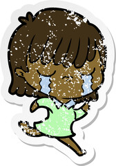 distressed sticker of a cartoon woman crying