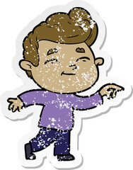 distressed sticker of a happy cartoon man pointing