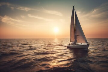 Plakat a sailboat is sailing in the ocean at sunset or dawn. generative ai