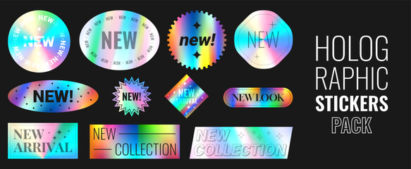 Set of holographic stickers for new products. Vector illustration with iridescent foil adhesive film. Holography labels for new products and collections. Gradient stickers for mark new arrivals.