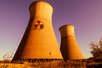 Nuclear power plant and cooling towers. View of  nuclear power plant with cooling towers. Abandoned...