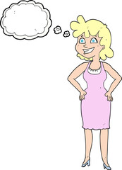 thought bubble cartoon happy woman wearing dress