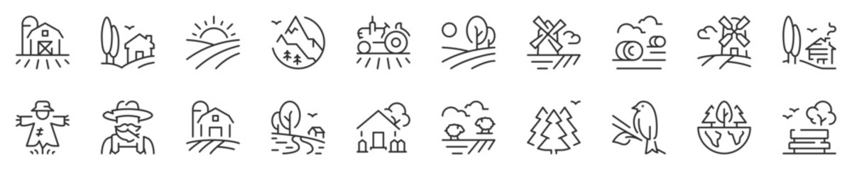 Line icons about countryside and landscape. Thin line icon set. Symbol collection in transparent background. Editable vector stroke. 512x512 Pixel Perfect.