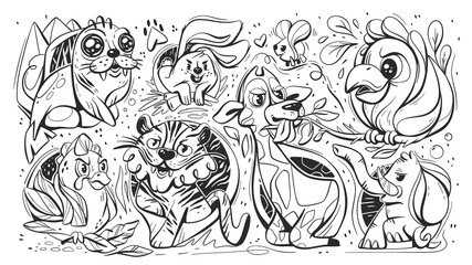 Cartoon characters animals in black and white line style.
Line art pattern animals of Africa and Antarctica, giraffe, seal, parrot, bird, tiger, hare, elephant, etc.