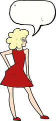 cartoon woman posing in dress with speech bubble