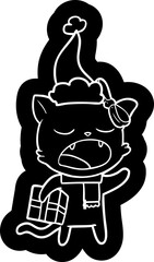 cartoon icon of a cat with christmas present wearing santa hat