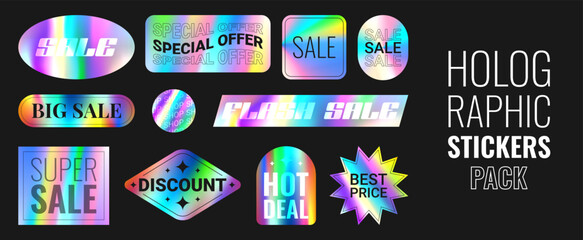 Set of holographic stickers for sale. Vector illustration with iridescent foil adhesive film. Holographic labels for hot deal and super sale. Gradient stickers for mark discounts.