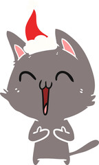 happy flat color illustration of a cat wearing santa hat