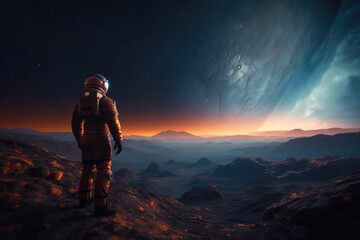 Fototapeta premium An astronaut standing on a distant planet created with AI