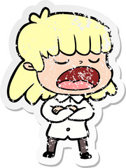 distressed sticker of a cartoon woman talking loudly