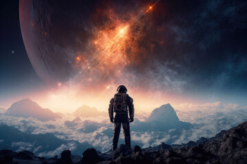 Fototapeta na wymiar An astronaut standing on a distant planet created with AI