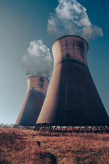 Nuclear power plant and cooling towers. View of  nuclear power plant with cooling towers. Abandoned...