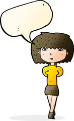 cartoon shy woman with speech bubble