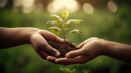 Two hands holding a small plant with the word tree on it. Generative AI