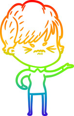 rainbow gradient line drawing cartoon frustrated woman