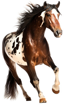 an equestrian-themed photographic illustration of a painted pinto horse Mustang stallion rearing, jumping, and running on a transparent background in PNG. T-shirt design. Generative AI