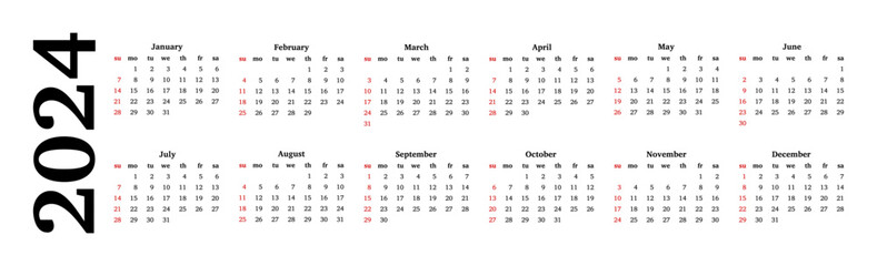 Calendar for 2024 isolated on a white background
