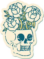 distressed sticker tattoo style icon of a skull and roses