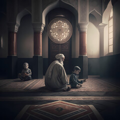 Muslim Community Praying at Mosque. Generative AI