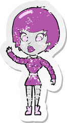 retro distressed sticker of a cartoon robot woman waving