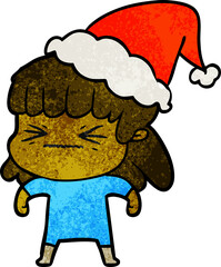 textured cartoon of a woman wearing santa hat