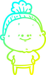 cold gradient line drawing cartoon happy old woman