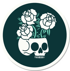 tattoo style sticker of a skull and roses