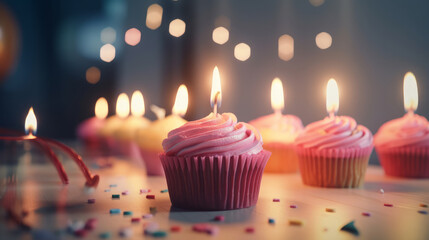 Obraz na płótnie Canvas Birthday Cupcake with Candles. Illustration AI Generative.