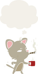 cartoon cat with coffee and cigar and thought bubble in retro style