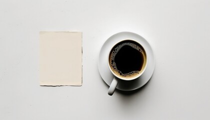 Top view, cup of black coffee, blank piece of paper, Generative AI