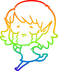 rainbow gradient line drawing cartoon crying elf girl