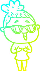 cold gradient line drawing cartoon happy woman wearing spectacles