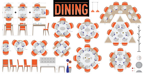 Dining Tables in Different Shapes and Sizes in Scale. Plan and Elevation Drawings For Interior Architectural Projects. 