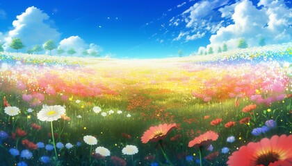 Obraz na płótnie Canvas Anime style landscape, meadow full of flowers, blue sky, fluffy clouds, Generative AI