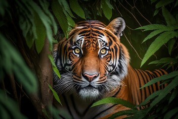 Fototapeta na wymiar Bengal tiger in the jungle, intense gaze, Generative AI