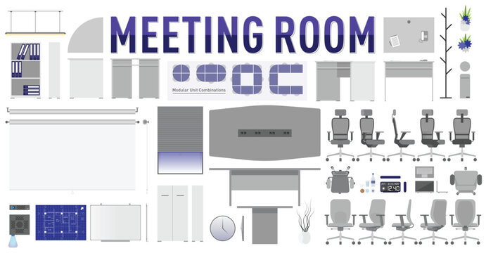 Office Meeting Room Furniture and Accessories Set with Plan and Side Elevation Views