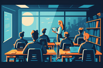 Students in the classroom with teacher. Flat illustration. Generative AI.