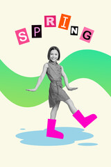 Funny charming school age little girl walking puddle wear pink cute gun boots shoes enjoy springtime day weather good mood collage