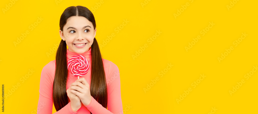 Sticker i am so glad. sweet tooth. yummy. happy girl hold lollipop. teenager child with sweets, poster banne