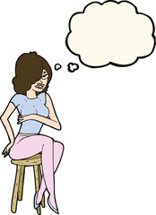 cartoon woman sitting on bar stool with thought bubble