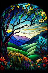 Stained glass window featuring vivid landscape, trees, flowers, rolling hills, Generative AI