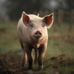 Un cochon rose dans un champ