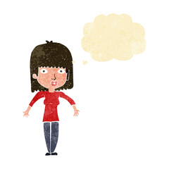 cartoon woman shrugging with thought bubble