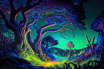 Colorful psychedelic landscape, vivid colors, Generative AI