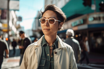 Portrait of transgender non-binary person standing on city street in San Francisco, California. Generative AI.