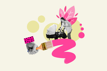 Photo collage of young mommy strolling pram day promenade newborn baby motherhood concept painting big brush drawing