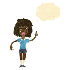 cartoon tough woman with idea with thought bubble